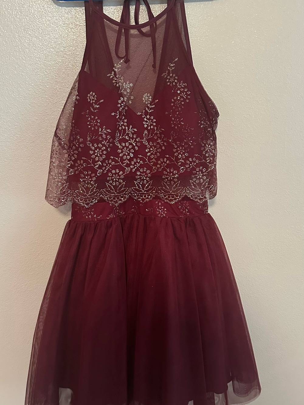 Teeze Me Burgundy and Gold illusion Mesh Dress